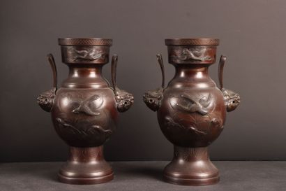 JAPON vers 1900 
Paire de vases en bronze...