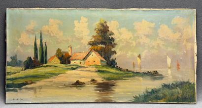 Paysage
Huile sur toile 
Signée
50 x 100...