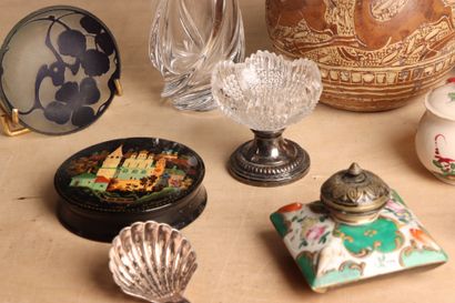 Lot comprenant:
Pied de lampe, vase, miniature,...