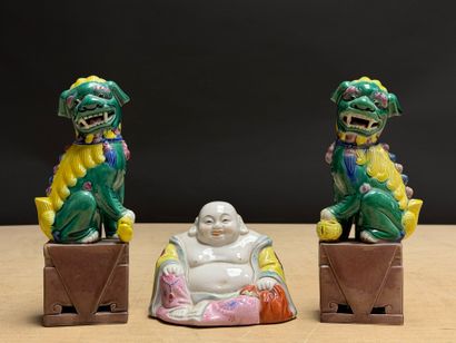Paire de chien de Fô et bouddha rieur en...