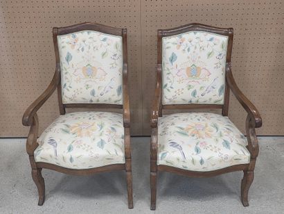Paire de fauteuils en noyer garnis de tissu...