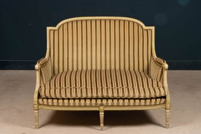 Pair of carved wooden sofas, upholstered...