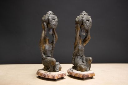 Pair of patinated Regule-style oil lamps...