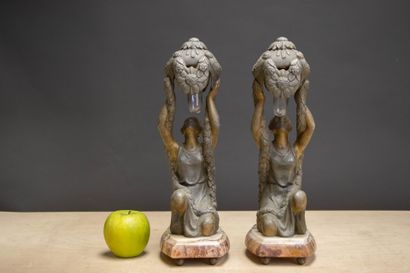 Pair of patinated Regule-style oil lamps...