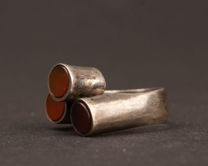 COURREGES Modernist silver ring with a red...