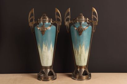 Pair of ceramic vases with nuanced blue enamel...