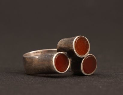COURREGES Modernist silver ring with a red...