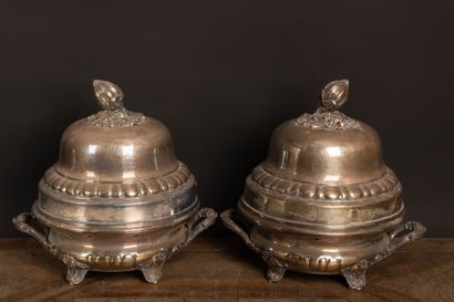 Pair of chafing dishes with a lined silver...
