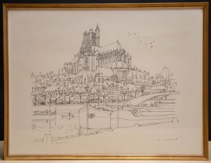 Henri VINCENOT (1912–1985).
View of Auxerre.
Ink...