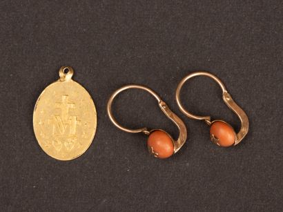 Pair of gold earrings with coral beads. 19th...