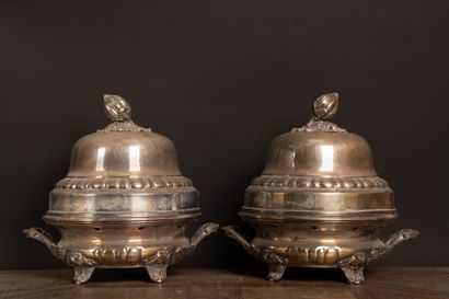 Pair of chafing dishes with a lined silver...