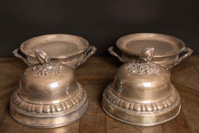 Pair of chafing dishes with a lined silver...