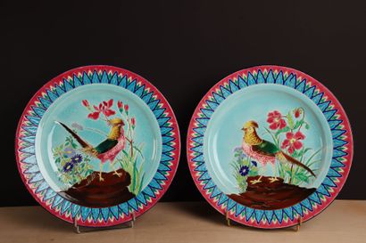 LONGWY - 
Pair of earthenware plates decorated...