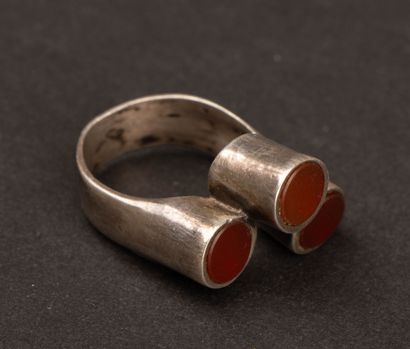 COURREGES Modernist silver ring with a red...