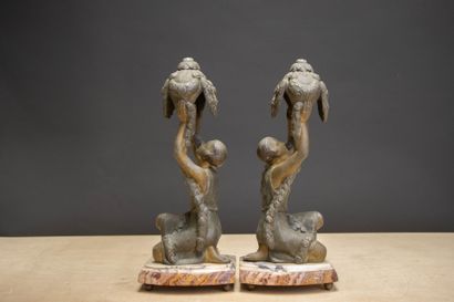 Pair of patinated Regule-style oil lamps...