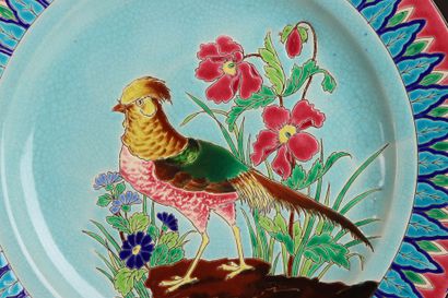 LONGWY - 
Pair of earthenware plates decorated...