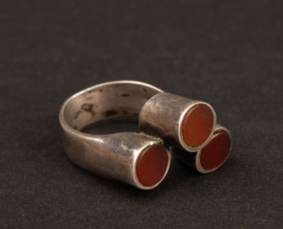 COURREGES Modernist silver ring with a red...