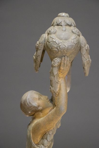 Pair of patinated Regule-style oil lamps...