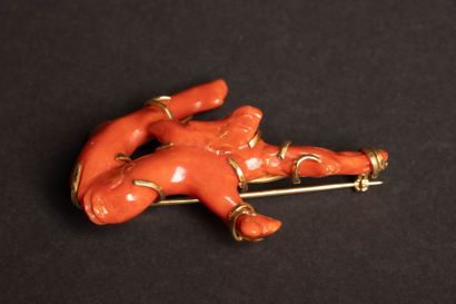 Gold brooch with a red coral branch.
750°/00...