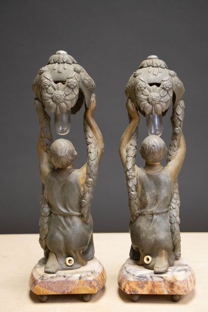 Pair of patinated Regule-style oil lamps...
