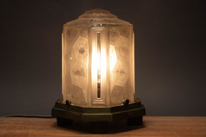 Table lamp made of molded pressed glass with...