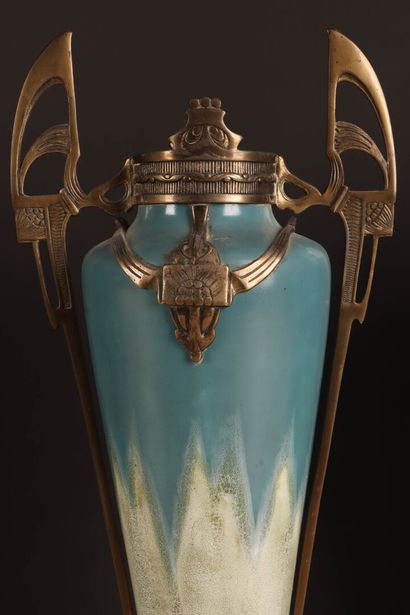 Pair of ceramic vases with nuanced blue enamel...