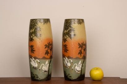 LEGRAS
Pair of shaded glass obus vases with...