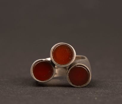 COURREGES Modernist silver ring with a red...