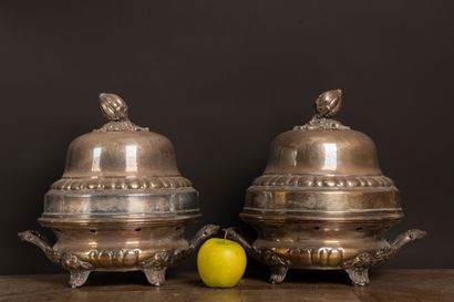 Pair of chafing dishes with a lined silver...