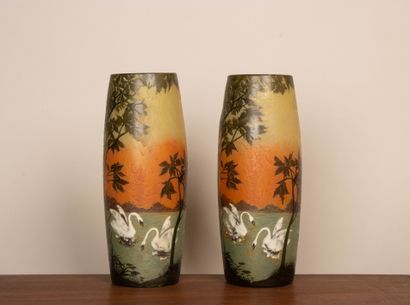 LEGRAS
Pair of shaded glass obus vases with...