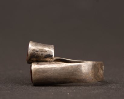 COURREGES Modernist silver ring with a red...