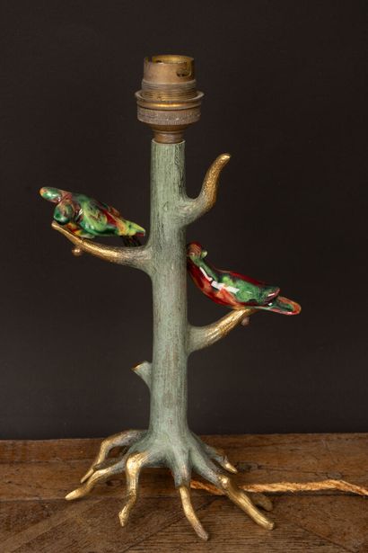 Bronze lamp base depicting a tree with two...