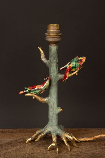 Bronze lamp base depicting a tree with two...