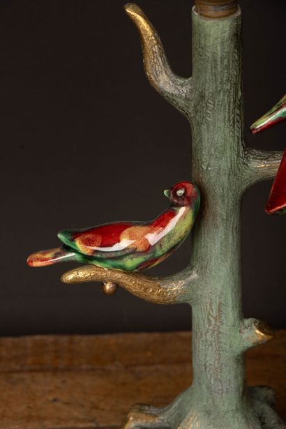 Bronze lamp base depicting a tree with two...