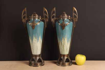 Pair of ceramic vases with nuanced blue enamel...