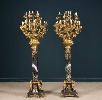 Pair of large marble, gilded bronze, and...
