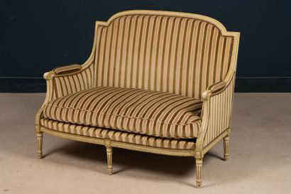 Pair of carved wooden sofas, upholstered...