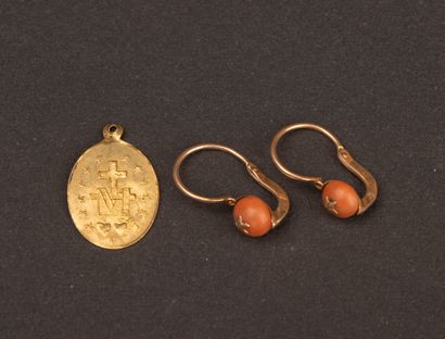 Pair of gold earrings with coral beads. 19th...