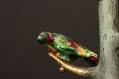 Bronze lamp base depicting a tree with two...