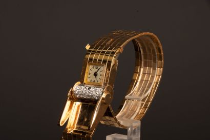 Gold wristwatch featuring a belt motif, accented...