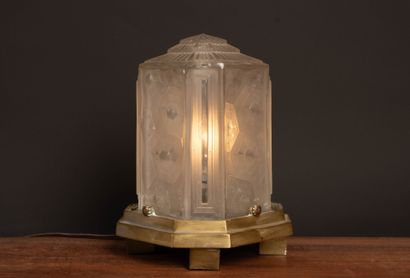 Table lamp made of molded pressed glass with...