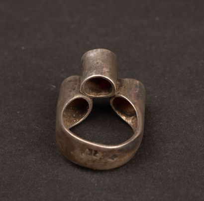 COURREGES Modernist silver ring with a red...