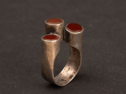 COURREGES Modernist silver ring with a red...