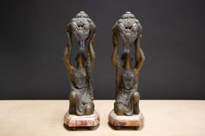 Pair of patinated Regule-style oil lamps...