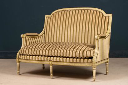 Pair of carved wooden sofas, upholstered...