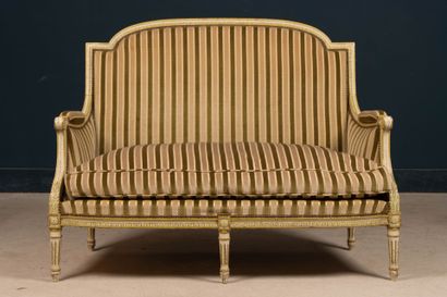 Pair of carved wooden sofas, upholstered...