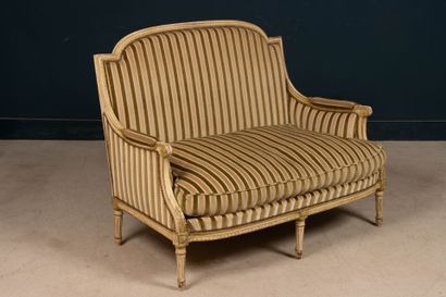 Pair of carved wooden sofas, upholstered...