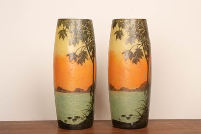 LEGRAS
Pair of shaded glass obus vases with...