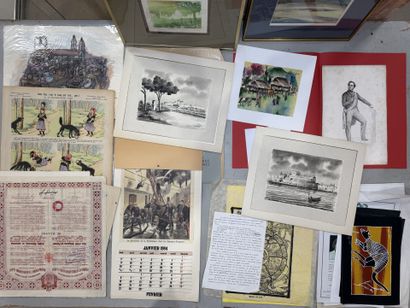 Lot comprenant:
Lithographie, pastel, calendrier...