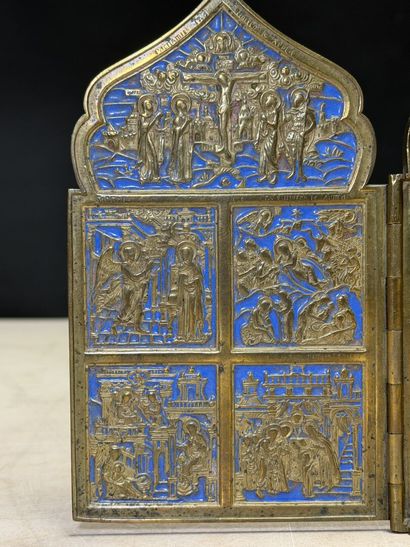 Quadriptyque religieux en bronze. 
18 x 11...